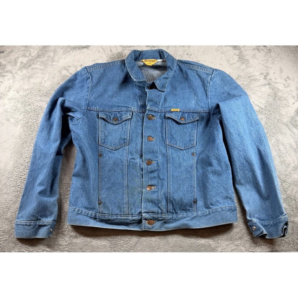 Vtg 80s Rustler Denim Trucker Jacket USA Made Men's L Blue‎ Western Jean
